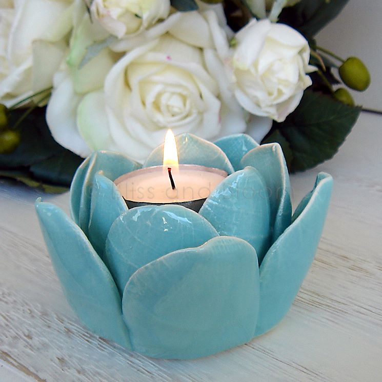 Teal flower tea light holders x 3 Bliss and Bloom